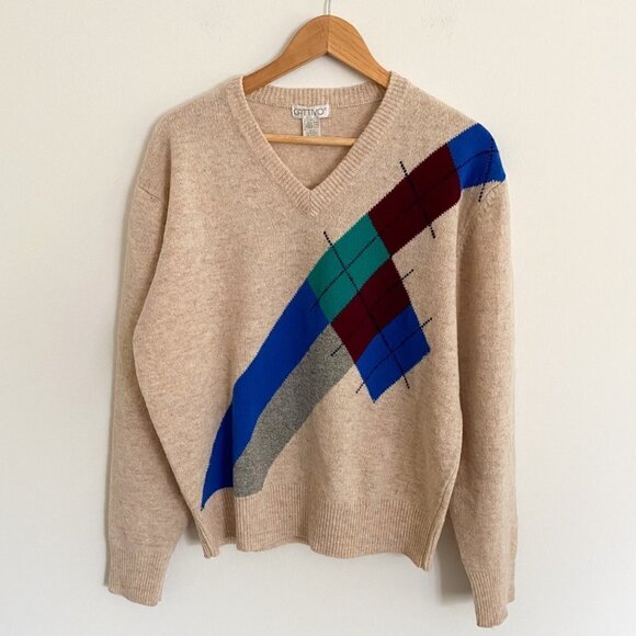 Vintage Cattivo Mens V Neck Large 100% Lambs Wool Sweater Beige Color Geometric - Picture 11 of 11